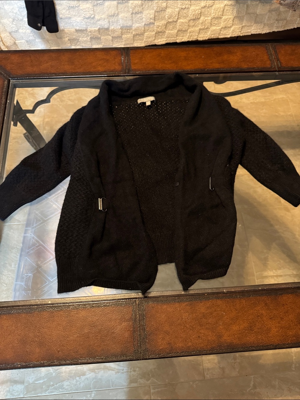 Neiman Marcus Black Open-Front Shawl Collar Cardigan with Side Buckles